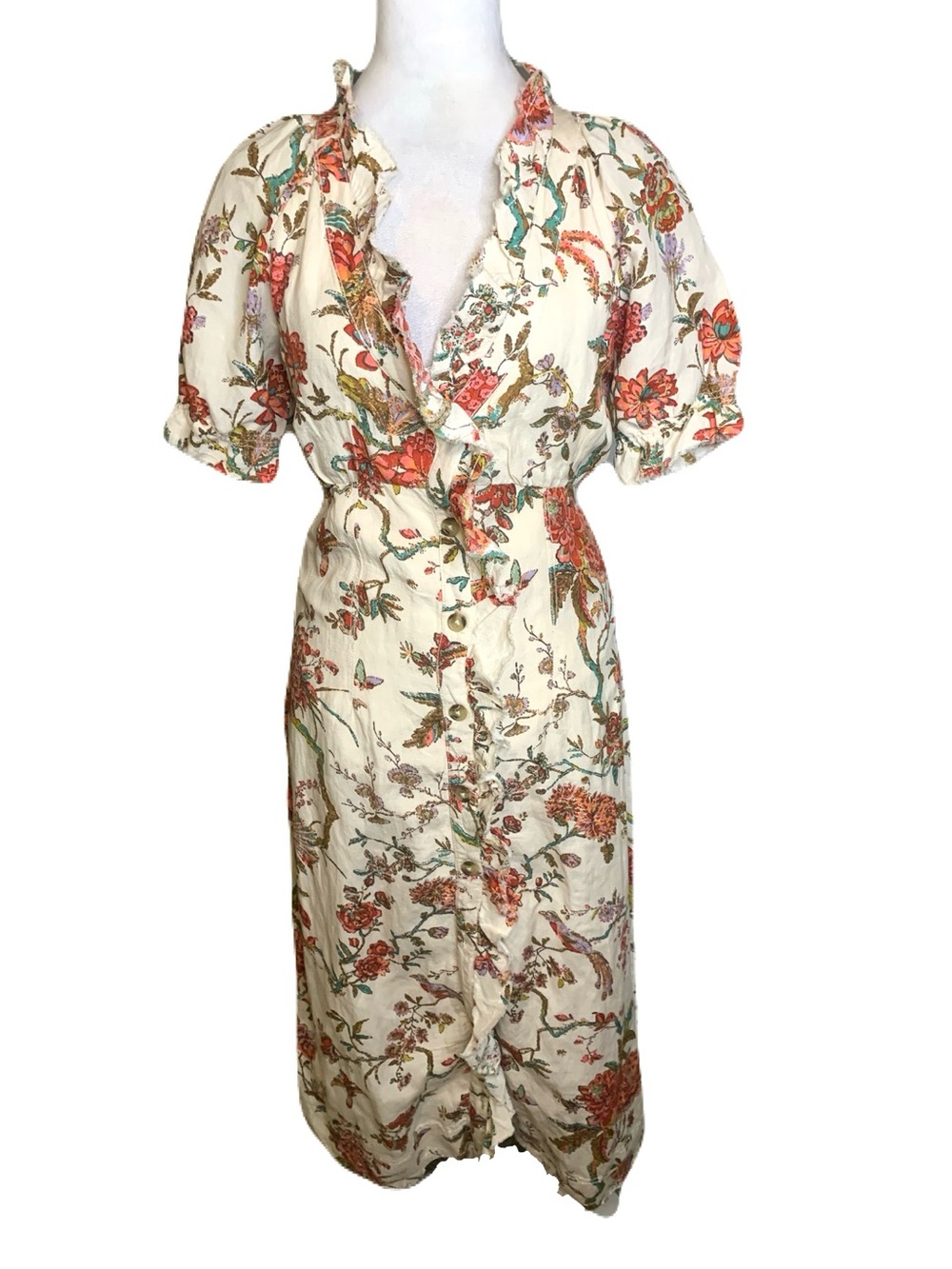 Anthropologie Pilcro 4 Cream Floral Print Button-Front Linen Blend Midi Dress